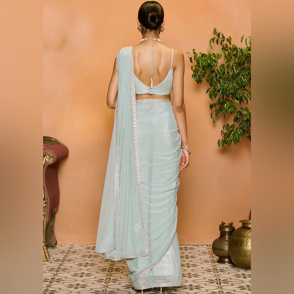 Dusty Mint Embroidered Georgette Pre-pleated Saree - Picture 2 of 5